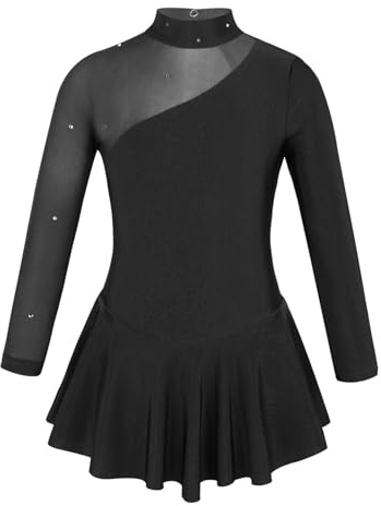 Riismen Girls Figure Ice Skating Dress Long Sleeve Rhinestone Ballet Leotard Tutu Skirts Lyrical Dancewear Black 11-12 Years