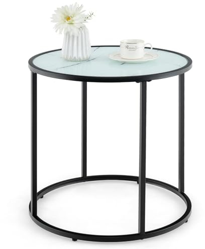COSTWAY Beistelltisch, runder Sofatisch, Kaffeetisch mit Marmorimitation Glasplatte und verstellbaren Füßen, Kleiner Couchtisch für Wohnzimmer, Schlafzimmer, 50 x 50 x 50 cm
