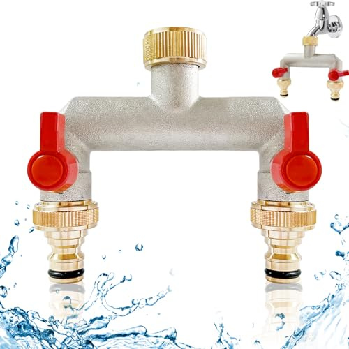 2 Wege Verteiler Wasser, 2-Wege Wasserhahn Wasserverteiler, 3/4 Zoll Messing Wasseranschluss Verteile, Gartenschläuche mit 3/4 Adapter, Kugelhahn zum Einstellen und Absperren des Wasserflusses ﻿