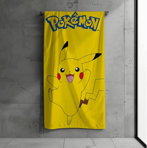 Pokemon Badetuch für Kinder, 70x140cm, 100% Baumwolle, weiches, saugfähiges Pikachu Handtuch, Strandtuch, Geschenkidee, Geschenk für Jungen und Mädchen, Teenager, Fanartikel Pokemon Merch