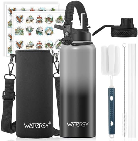 WATERSY Isolierte Edelstahl Thermosflasche 40oz Vakuumisolierte Trinkflasche mit 2 Deckel Auslaufsichere Wasserflasche 1200 ml Doppelwand Flasche Metall Sport für Sport, Schule