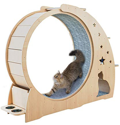 Cat Exercise Wheel and Scratch Board Activity Center with Rotating Toy - Indoor Cat Tree House for Running and Play