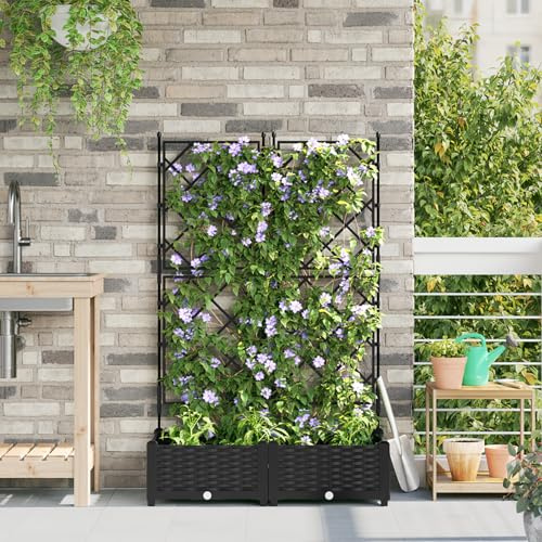 Qnhdfrt Pflanzkasten mit Rankgitter 2er Set Schwarz Schmal Hoch 80x40x125,5 cm Kunststoff Pflanzkübel Outdoor für Balkon Terrasse Garten Kletterpflanzen