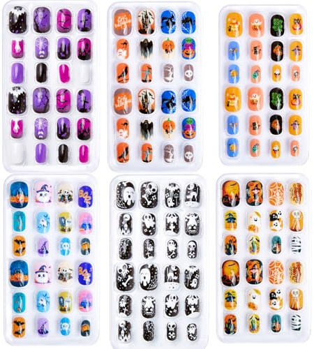 144Stück Halloween Kunstnägel für Kinder mit Jelly Kleber - 6 Designs Falsche Nägel Künstliche Presse Kindernägel niedliche Geister, Schönes Geschenk für Mädchen (Halloween Set A)