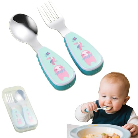 VYNZOR 2 Stück Kinderbesteck| Silikongriff Edelstahl Kindergeschirr Set | Baby Besteck Esslernbesteck ab 1 jahr | Kinder Löffel und Gabel Set für Baby Kleinkind (Mit Box)