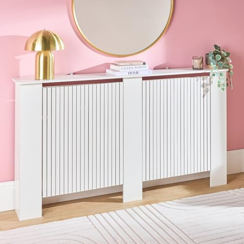 OHS Radiator Cover Cream Modern Slatted Front, Ribbed Medium Radiator Cover MDF Wood Frame Top Shelf Decorative Heater Cover for Living Room Bedroom Hallway, 102 x 82 x 19cm