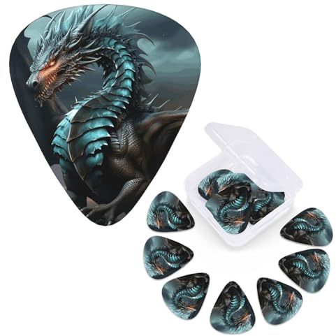 Gitarrenplektren, 3 verschiedene Stärken, coole Drachen-Gitarrenplektren, personalisierte Gitarren, Bass-Plektren, E-Gitarrenplektrum mit Aufbewahrungsbox, Plektrum für Akustikgitarre, 12 Stück