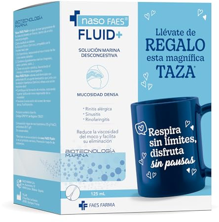 Naso FAES - Fluid+, Spray Nasal con Agua de Mar Hipertónica y Agente Fluidificante y Taza de Regalo, Reduce la Viscosidad del Moco y Facilita su Eliminación - 125 ml