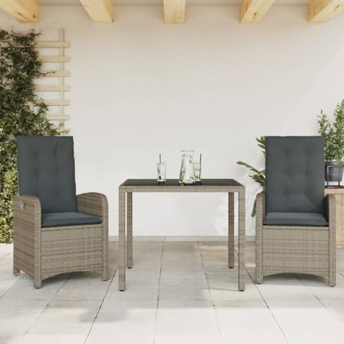 QJBSAVVA 3tlg. Garten-Essgruppe, 90x90 cm Tisch, Poly-Rattan-Sessel verstellbar, Dicke Kissen, Balkon/Terrasse/Camping