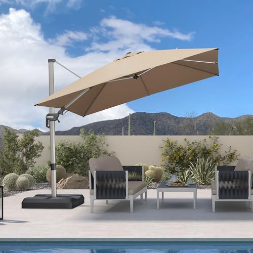 PURPLE LEAF Parasol Déporté 3 x 3 m Carré, Inclinaison Bilatérale et Rotation à 360°, Parasol Résistant au Vent, 8 Baleines en Aluminium Champagne, Toile anti-UV, Pour Patio, Terrasse, Piscine, Taupe