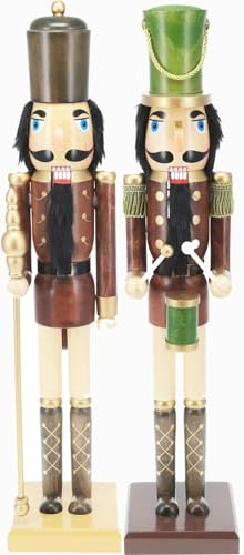 Muddy Hands Set of 2 Wooden Nutcracker Soldiers - 50cm Tall Christmas Decorations - Drum & Staff Figures - Traditional Holiday Ornament Display