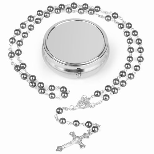 Cossaot Rosario Católico, Collar Católico Confirmation Gifts for Teenage Girls, Collar de Cuentas de Rosario de Perlas Gris, Silver Simple Style Metal Gift Box Baptismo Comunión Todos Los Días