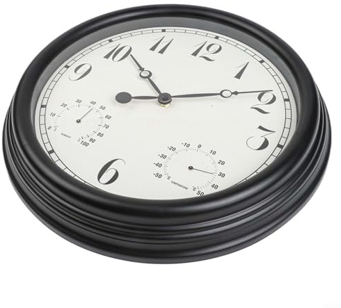 Gdfnmogo Orologio da esterno con termometro con igrometro integrato, 38,1 cm, resistente alle intemperie, orologio da parete per giardino, patio, piscina e cortile, design analogico silenzioso,
