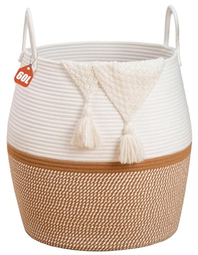 Large Storage Basket - 60L Cotton Rope Laundry Basket with Handle, Toy Storage Basket for Kids Baby, Woven Laundry Hamper Nursery Storage Basket, Blanket Basket for Living Room 44 x 44 CM White+Brown