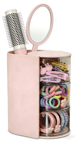 Goujfol Hair Accessories Organizer, 3 Layer Hair Tool Organizer with Brush Holder, Rotatable Makeup Storage organisers for Girls, Storage Box for Clip, Rings