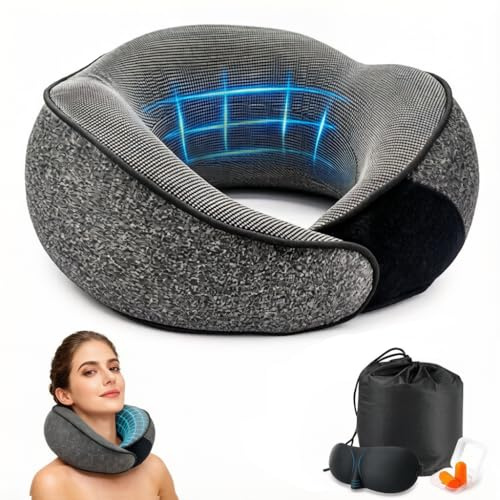 Almohada de Viaje para Cuello, Almohada Cervical de Espuma Memoria Ajustable y Compacta Cojin de Viaje Cuello Soporte 360° con Máscara de Ojos, Tapones y Bolsa Cojin Cervical para Avión Coche Tren