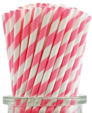 Ljusrosa vita randiga papperssugrör, 100 stycken hot pink sugrör engångs för födelsedagar och bröllopsfester, cake pop sticks
