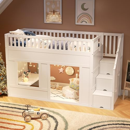 RIAZOS Kinderbett 90x200 cm, Etagenbett mit 1x Lattenrost, Hochbett mit Stauraumtreppe, mit Fenster, Sicherheitsgeländer, Multifunktionsbett, Weiß, ohne Matratze