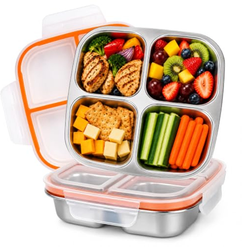 YYTECH 2 cajas de aperitivos con compartimentos de acero inoxidable, 600 ml, a prueba de fugas, con tapa, caja bento, fiambrera, fiambrera reutilizable de metal para frutas, verduras, carne, dulces