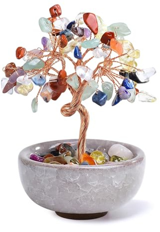 HIVTE Árbol de la Vida de Cristal de Siete Colores con Maceta de Cerámica, Árbol del Dinero Feng Shui de Gemas para Decoración de Hogar y Oficina, Adorno de Escritorio
