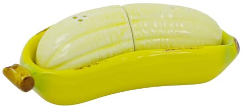 Banana Salt and Pepper Shaker Set 17cm Yellow Ceramic Banana Cruet Set | Ceramic construction, Banana shaped design, Matching holder tray, Perforated shaker tops, 17 cm wide