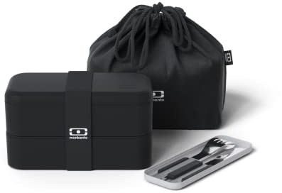 MONBENTO - Set Lunch box Onyx - avec Bento Box MB Original à Compartiments Made in France, Set Couverts Inox MB Slim Box, Lunch Bag MB Pochette M - Sans BPA - Durable et Sûr - Noir