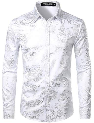PARKLEES Herren Luxus Paisley Gemustert Golden Glänzend Slim Fit Freizeithemd Weiß Silber L