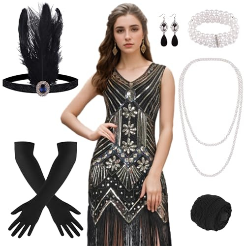 FEPITO Vestidos estilo flapper de los años 20 para mujer, vestido estilo Gran Gatsby con lentejuelas y flecos para mujer con accesorios de los años 20（Negro y dorado (estilo 2)，Large）