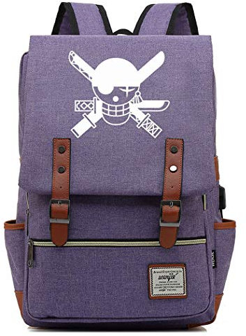 WANHONGYUE One Piece Anime Backpack Vintage Schulrucksack Studententasche Schulranzen 15,6 Zoll Laptop Rucksack mit USB-Ladeanschluss Purple / 3