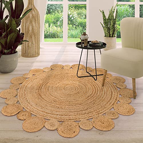 TT Home Jute Teppich Rund Wohnzimmer Esszimmer Boho Modern Handgemacht Mit Umrandung, Farbe: Natur, Größe:120 cm Rund