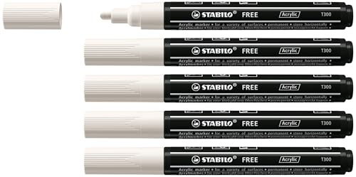 STABILO - Acrylmarker - FREE Acrylic T300 | Strichbreite 2-3 mm, 5er Pack, weiß