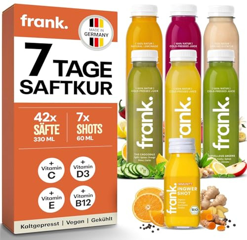 Frank Juice Saftkur 7 Tage, 42 x 330 ml Säfte + 7 x 60 ml Ingwer Shots | Vegane Fastenkur | Direktsaft kaltgepresst, aus frischem Obst und Gemüse | inkl. 10,50€ Einwegpfand im Preis enthalten