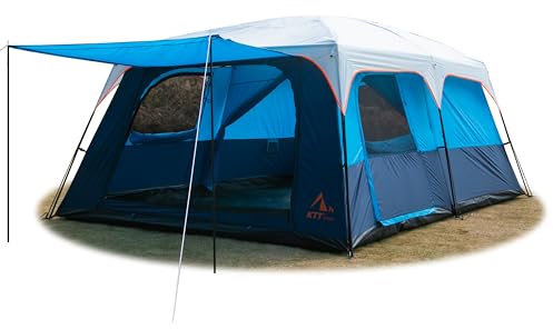 KTT Extra großes Familienzelt für 12 Personen, 4.9x3.4x2.3 m, 2 Erkerfenster mit Netz, 3 Türen, 3 Fenster mit Netz, wasserdicht, gerade Wand, großes Zelt für Outdoor, Camping, Familie Gathering