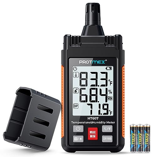 HT607 Temperatur-Feuchtigkeitsmessgerät Hochpräzisionsmessgerät mit Umgebungsluft, relativer Feuchte, Taupunkt, Feuchtkugelthermometer, Min/Max Hold, LCD-Hintergrundbeleuchtung