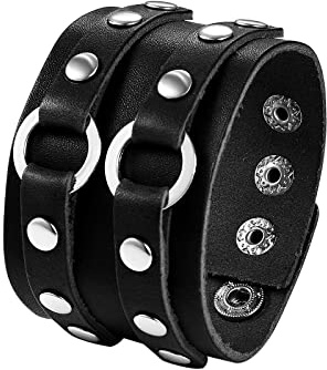 JewelryWe Schmuck Herren Breit Lederarmband Gotik Ring Kreis Nieten geflochten Leder Armreif Manschette Druckknopf Punk Rock Biker Armband verstellbar Schwarz/Rot