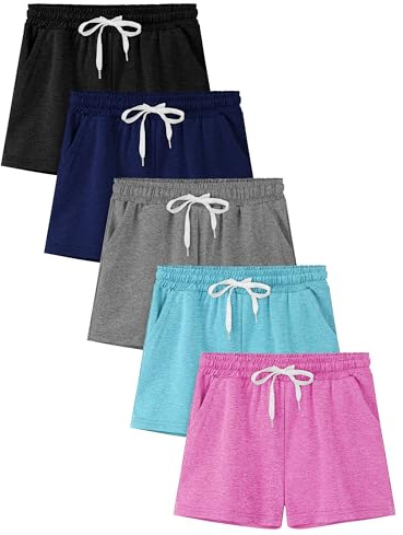 Resinta 5 Pack Girls Athletic Shorts Dry-Fit Soccer Basketball Shorts Performance Teens Shorts with Drawstring and Pockets