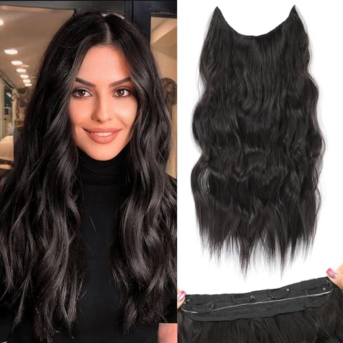 PORSMEER Hair Extensions Lange Gewellt Haarverlängerung Natürliches Schwarz,Invisible Haarextension mit Clips Synthetik Haare Unsichtbarem Haarteile für Frauen,50cm