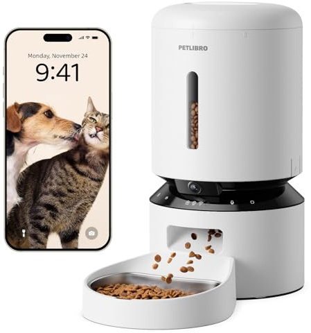 PETLIBRO Automatic Cat Feeder with Camera, 1080p HD Live Monitoring, Remote App Control with 5 GHz Wi-Fi, Two-Way Audio Interaction, AI Motion Detection, Meal Scene Capture, 5L-Camera, White