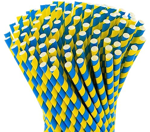 Paper Straws Sweden, Pack of 100, 23 cm Long, 7 mm Diameter, Sweden Flag, Yellow, Blue, Mid-Summer, Biodegradable, Environmentally Friendly, Disposable Drinking Straw (Long)