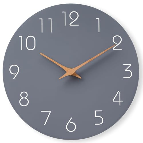 Mosewa Wanduhr, 20,3 cm, grau, batteriebetrieben, leise, Nicht tickend, Schlichte, Moderne Holzuhr, dekorativ für Schlafzimmer, Wohnzimmer, Küche, Heim, Büro, Bad