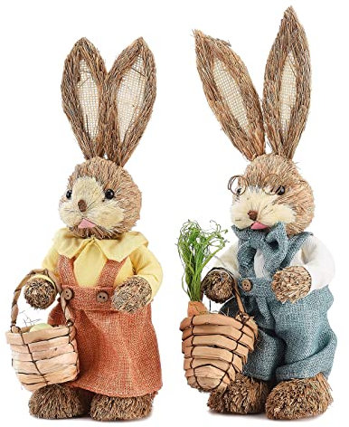 Derefine Coniglietto Pasquale in Paglia da 35 cm, 2 Pezzi, Decorazione da Tavolo, Multicolore