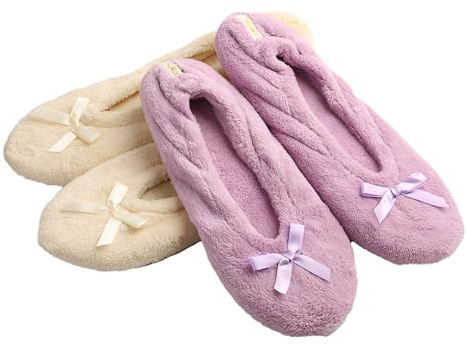 Roxoni Women's Terry Classic Cotton & Velour Ballerina Slippers (Pack of 2) - Purple & Beige - 7.5-8