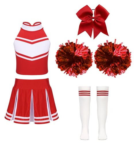 Hedmy Kinderkostüm Cheerleading Mädchen Cheer Uniformen mit Pompons Socken und Haarzubehör Halloween Kostüm EIN Rot 122-128