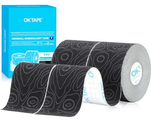 OK TAPE Pro Kinesiologie Tape (5cm x 5m) Wasserfestes Hautfreundliche elastisches Kinesiotape für Knieschmerzen, Ellenbogen und Schulter (2 Rollen,Schwarz)