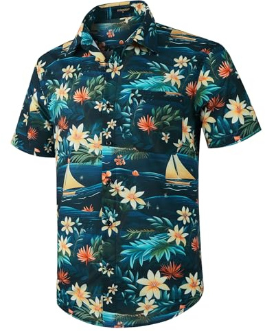 HISDERN Funky Hawaii-skjorta för män, unisex, kortärmad, framficka, semester, sommar, Aloha-tryckt strand, beige, Hawaii skjorta, S-2XL, Y2 – flerfärgad, S
