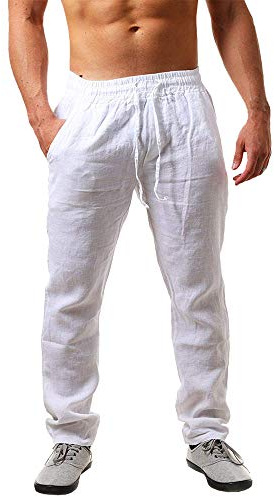 Runcati Pantalones de Lino para Hombre, Lisos, Largos, Ligeros, Holgados, con cordón, para Vacaciones, Playa, Uso Diario, Blanco, XL