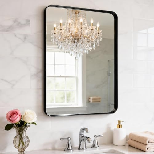 YYXW Black Bathroom Mirror 24 x 28 in Vanity Mirror,Metal Frame Wall Mirror,Farmhouse Rectangle Mirror, Bathroom Mirrors for Over Sink,Horizontal or Vertical Hanging