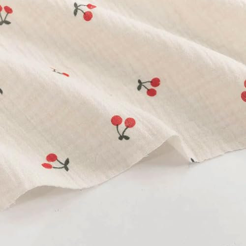 DFLINGA 1/2/Meter Baumwoll-Crêpe-Gaze-Stoff doppellagig Kirschen-Print zum Nähen von Kinderkrabbelhosen und Kinder-Speicheltuch