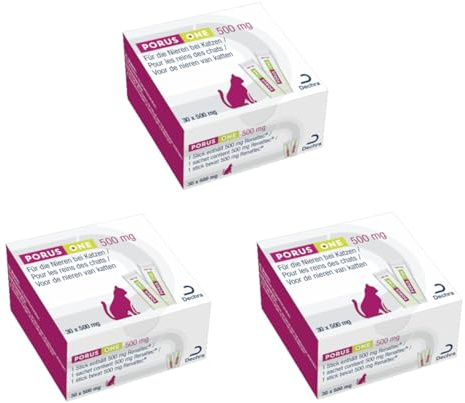 Porus ONE | 3er Pack | 3 x 30 x 500 mg | Proteinreduziertes Ergänzungsfuttermittel für Katzen | Für Katzen mit Nierenproblemen | Zur Reduktion eines Anstiegs urämischer Toxine