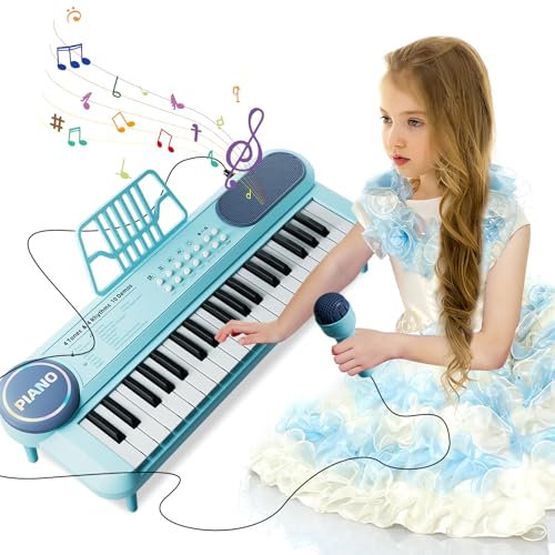 Piano Keyboard with Microphone, 37 Keys Blue Portable Music Toy for 2 Years Old Girls, Educational Electronic Musical Instrument Gifts for Toddler Aged 3 4 5 6